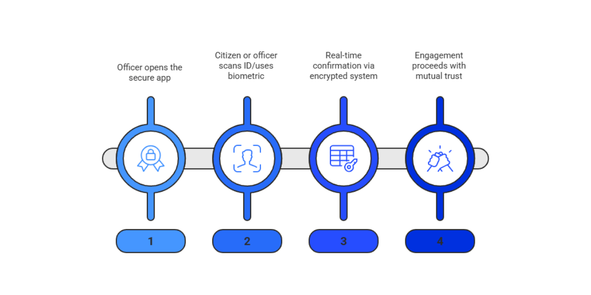 Graphic showing the 4 different actions for the timeline of using the app, both officers and citizen in real time