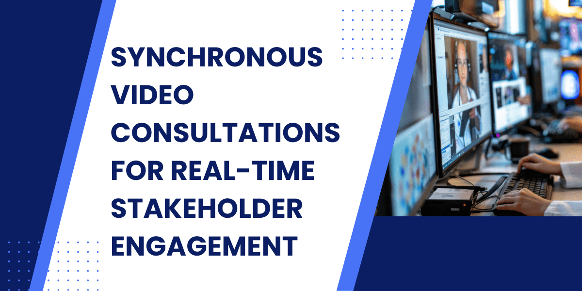 Banner with the text for Synchronous Video Consultations showing an office and computer displaying images and video calls