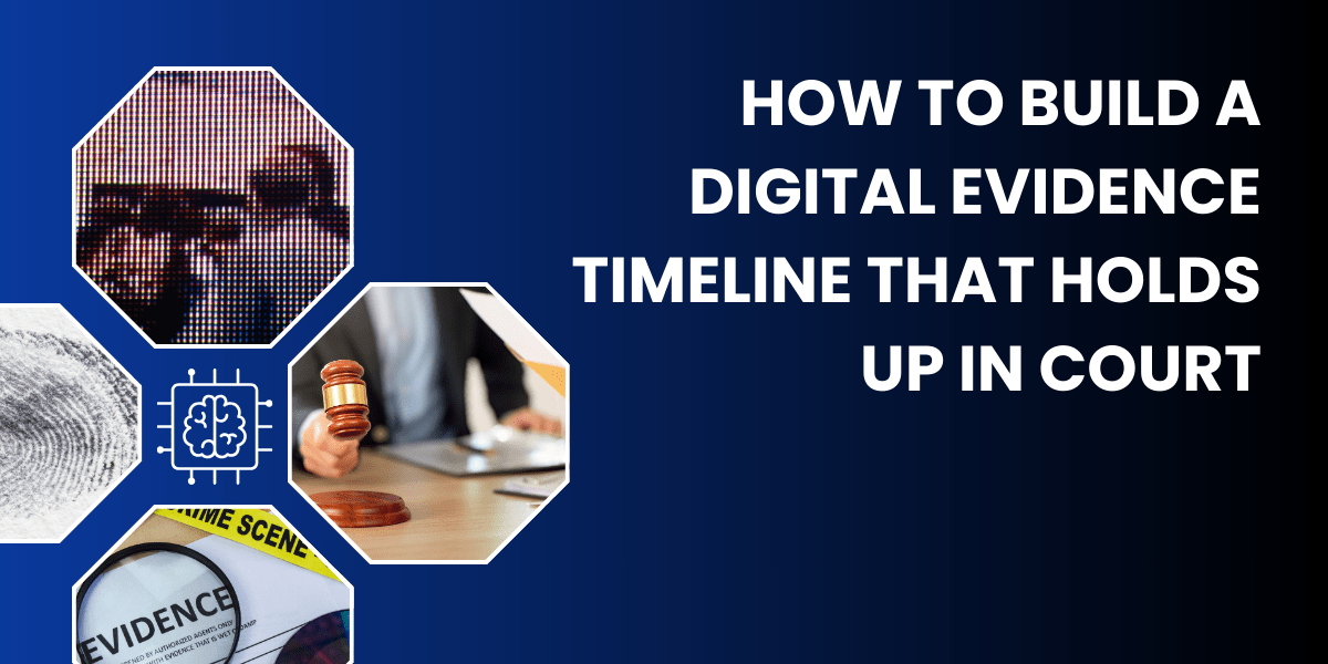 Banner for How to Build a Digital Evidence Timeline with different icons on hexagon shape