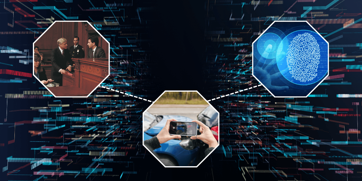 Three icons connected to each other in hexagon shapes with a court, a camera and identification being displayed