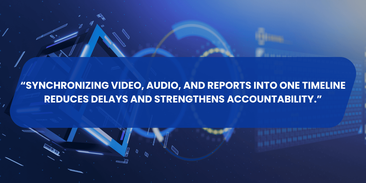 Banner with the phrase for Synchronizing video, audio and reports into the timeline