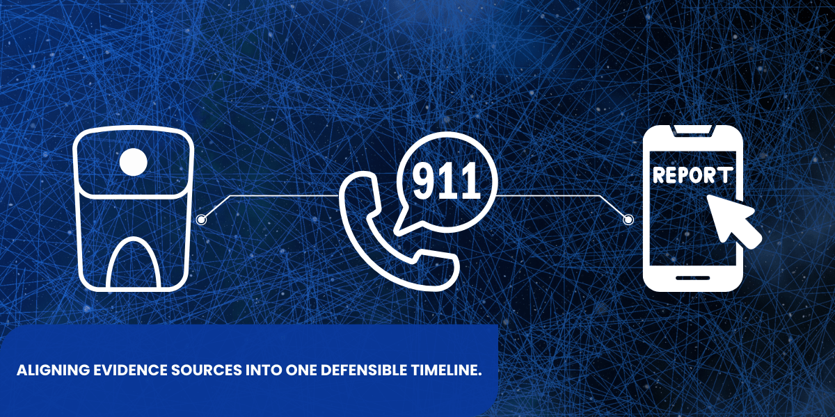 3 icons, a dashcam, a telephone calling 911 and a cellphone going through a website