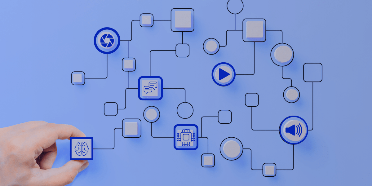 Different multimedia icons displayed on a web showing its connections