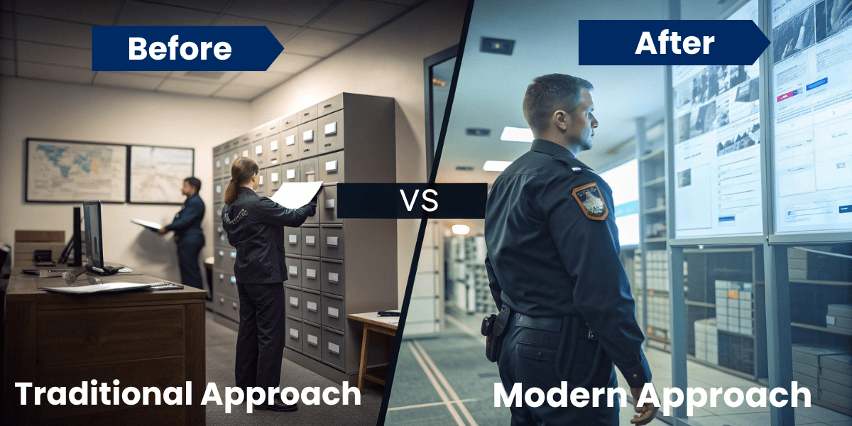 Banner showing a before and after for two cops accessing to case information