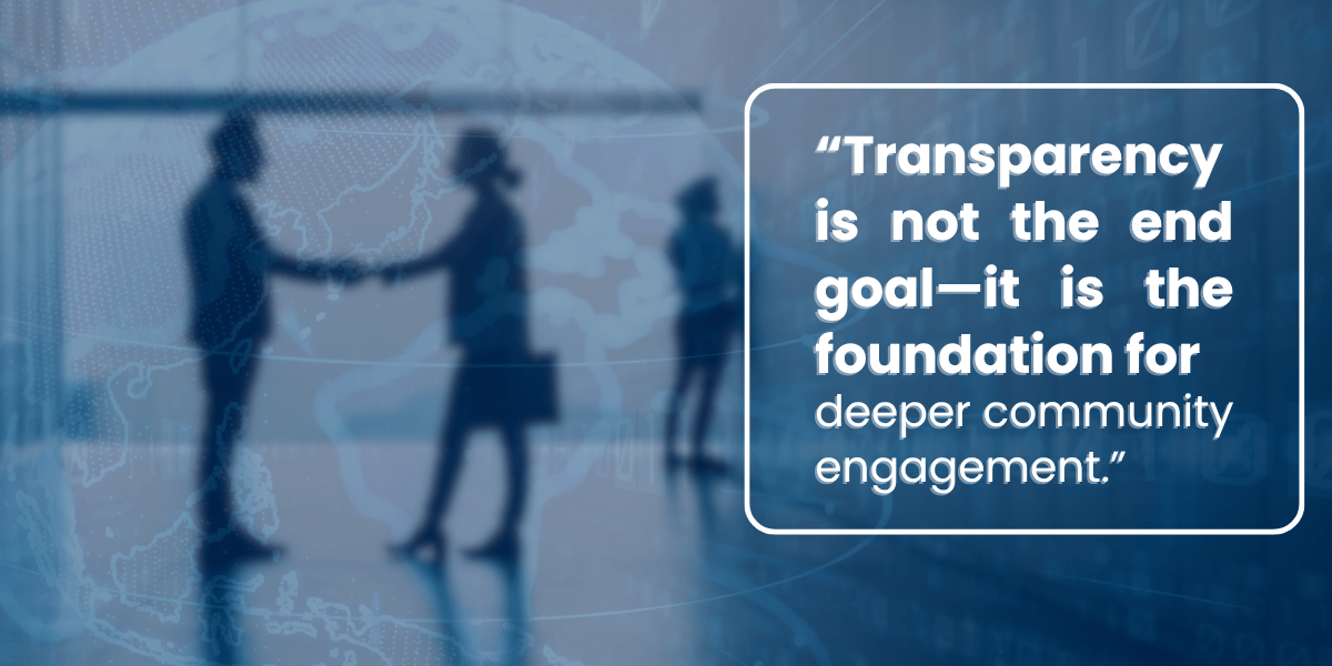 Banner with some text for Transparency and its goals in engagement with two people on the background shaking hands